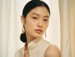 Fashion shot of a young Asian woman in a beige blouse and gold earrings, AI-generated.
