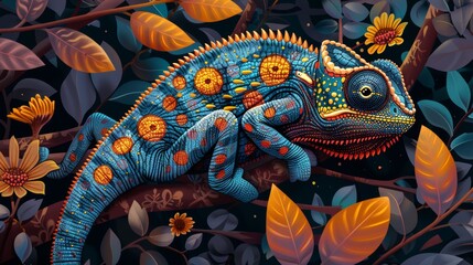 A humorous illustration of a chameleon blending into a background filled with clashing patterns, creating confusion about where the chameleon is actually hiding.