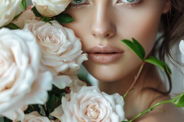 Beautiful Woman Flowers. Closeup Portrait of Stunning Brunette Girl with Bouquet of Roses