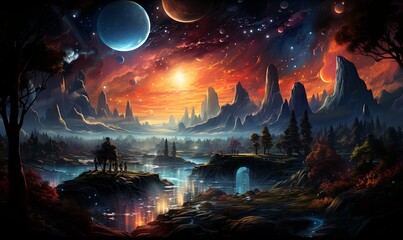 Mountain Landscape With Planets