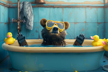 A bear wearing a snorkel and goggles, floating in a rubber duck-filled bathtub.
