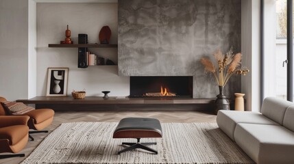 Obraz premium The sleek black metal frame of the floating hearth adds a touch of edginess to the otherwise neutral color palette of the room. 2d flat cartoon.
