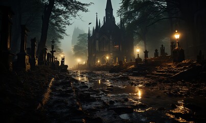 Graveyard With Church in Background at Night