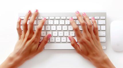 Close-up of hands on a keyboard of a desktop computer or laptop being used by an office worker while working in a corporate business workplace, stock illustration image