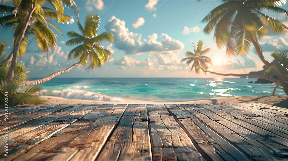 Poster A tranquil scene of a wooden table overlooking coconut palm trees swaying gently in the ocean breeze, capturing the essence of summer holidays. Generative AI.