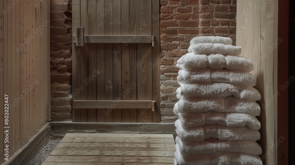 Poster piles of fluffy towels neatly stacked beside the door of the sauna waiting to be wrapped around the 
