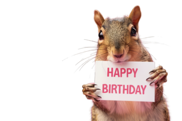 Charming Squirrel Holding "Happy Birthday" Sign on Transparent PNG