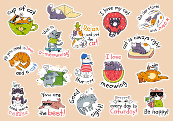 Drawing vector illustration character design collection stickers with funny cats Doodle style isolated