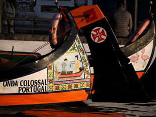 Aveiro Moliceiro boat gondola detail Traditional boats on the canal, Portugal.