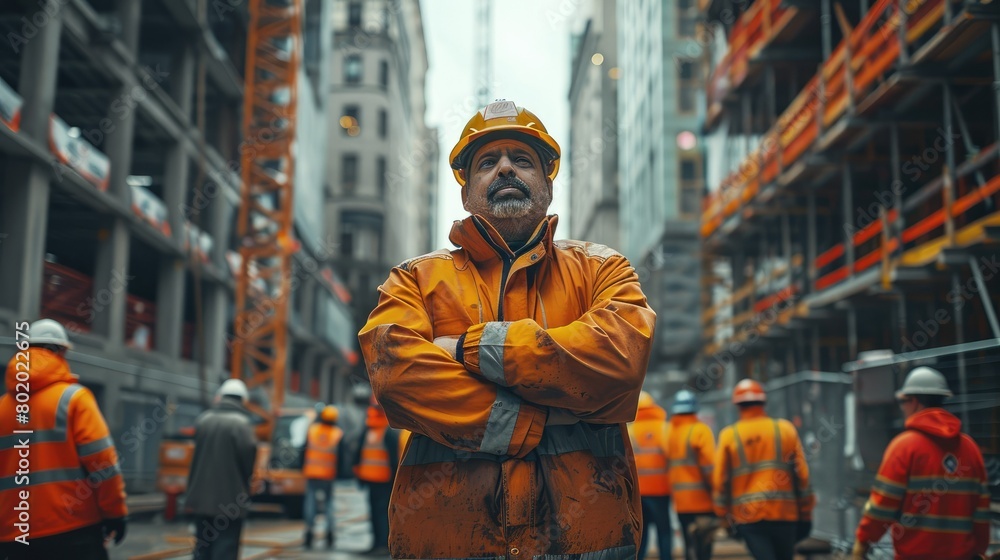 Poster a foreman surrounded on both sides by a group of similar construction workers at construction site. 