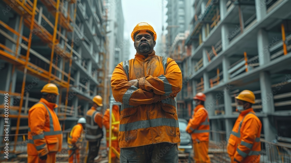 Poster a foreman surrounded on both sides by a group of similar construction workers at construction site. 