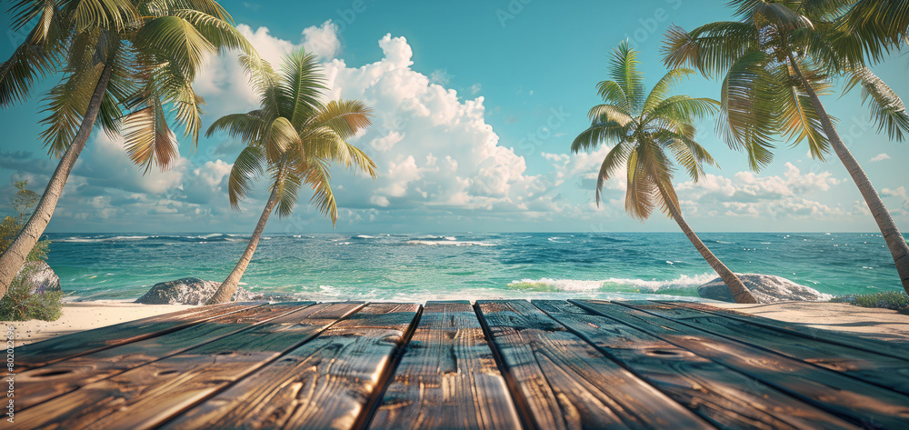 Poster A tranquil scene of a wooden table overlooking coconut palm trees swaying gently in the ocean breeze, capturing the essence of summer holidays. Generative AI.