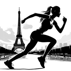 Silhouette of female athlete sprinting in front Eiffel Tower. Sports games
