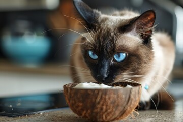 Curious Cat Sniffs Coconut Milk Generative AI - obrazy, fototapety, plakaty