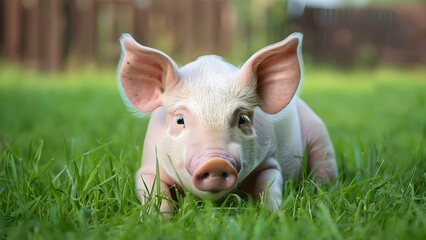 Adorable piglet in a green grass field embodying love for nature . Concept Animals, Nature, Greenery, Piglet, Love