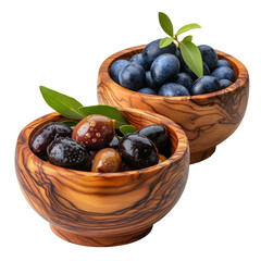 wooden bowls with olives isolated on transparent background With clipping path. cut out. 3d render