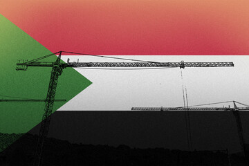 Sudan flag with big cranes, urban site building, growth and development in construction industry