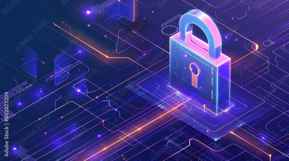Poster cybersecurity protection, modern web banner isometric concept. large locking device with combination