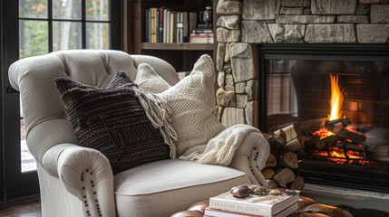 Obraz premium A cozy reading nook is nestled next to the fireplace with a plush armchair and a stack of books offering the perfect spot to unwind and relax. 2d flat cartoon.