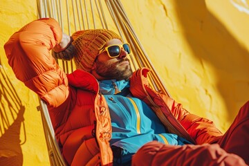 Relaxed man in colorful winter gear lounging in a hammock against a yellow wall
