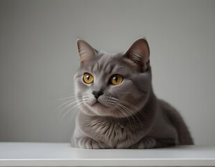 beautiful funny grey British cat peeking out from behind a white table with copy space . generative AI