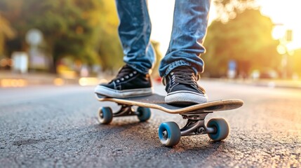 Close up shot of young male skateboarder performing tricks in urban city setting