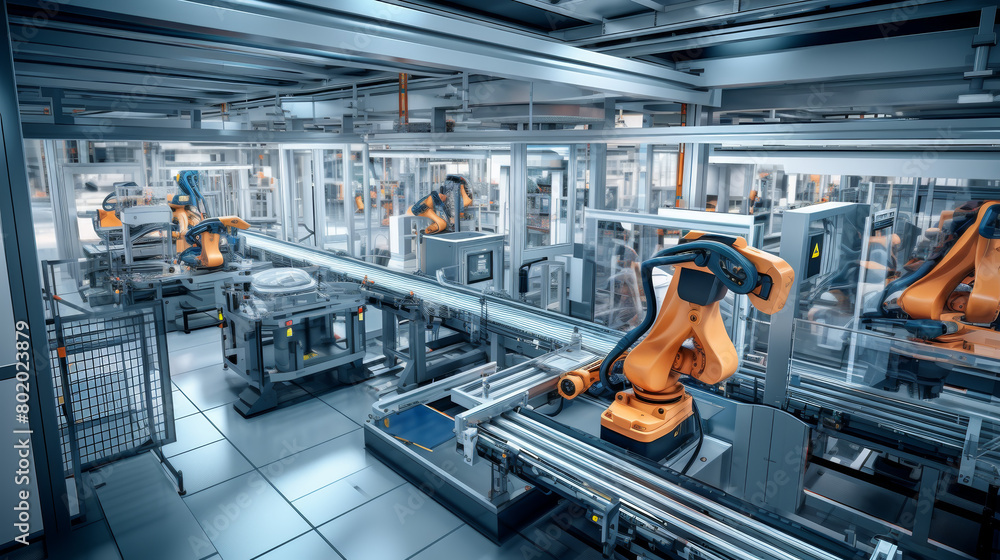 Poster a factory with robots working on a conveyor belt