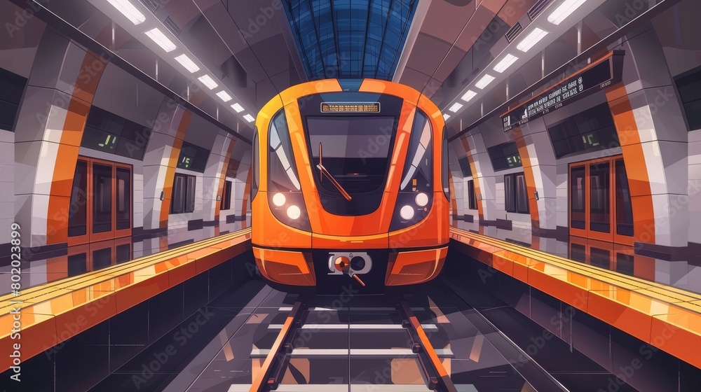 Poster front view of a modern subway train with rails and front wagon. underground electric railway transpo