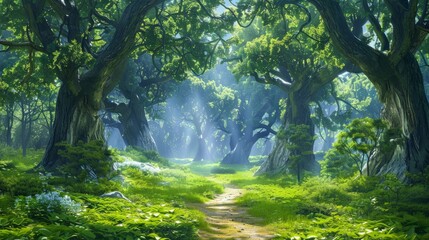 A beautiful fairytale enchanted forest with big trees and great vegetation. Digital painting background hyper realistic 