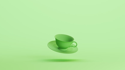 Green mint tea cup saucer plate dishware tea cafe pottery soft tones background 3d illustration render digital rendering