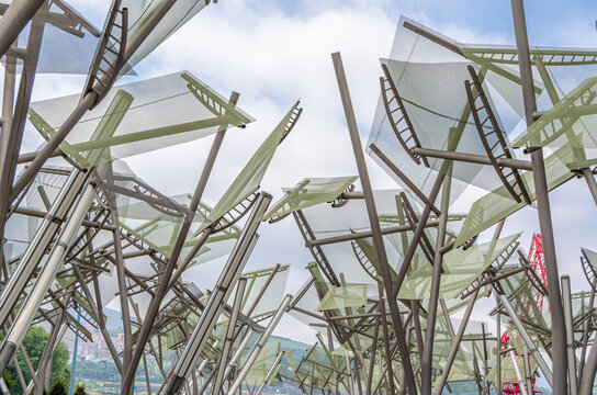 BILBAO, SPAIN - MAY 10, 2014: "Metal Forest" sculpture in front of Euskalduna Conference Center in Bilbao, Spain, creation of the Euskalduna palace architects (F. Soriano and D. Palacios), in 1999