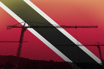 Trinidad And Tobago flag with big cranes, construction industry concept, building in Trinidad And 