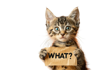 Expressive Tabby Kitten Holding "What?" Sign on Transparent PNG