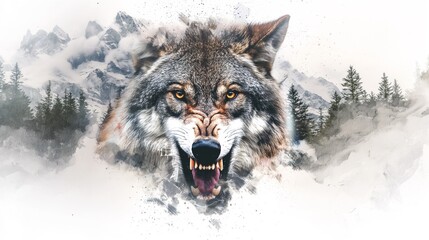 A vicious wolf's face is double exposed in front of snow-covered forest trees and a waterfall in a mountain. The image is a photorealistic airbrush color