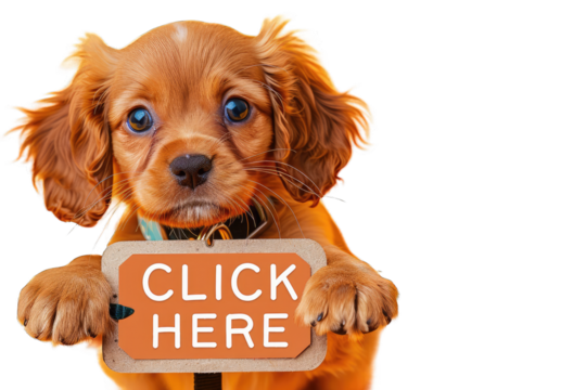 Adorable Engaging Puppy Holding "Click Here" Sign on Transparent PNG