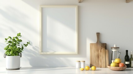Frame mockup, simple and modern kitchen home interior design background, wall poster frame mockup, 3d render