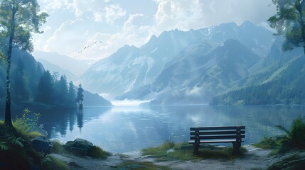 essence of solitude with a solitary bench overlooking a tranquil mountain vista, inviting viewers to pause and enjoy the breathtaking scenery. - Powered by Adobe