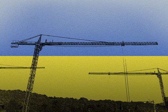 Ukraine flag with big cranes, building in Ukraine, urban site building, construction industry 