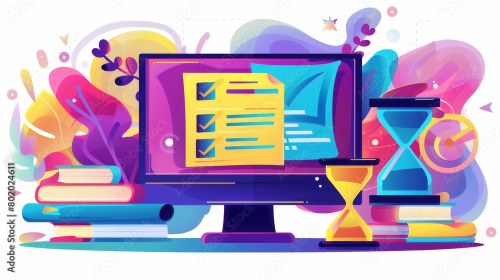 Poster the idea of e-learning, examination on the computer. modern illustration of a monitor with a checkli