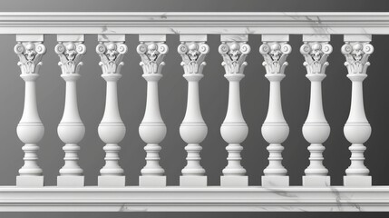 This is a modern realistic set of white marble balustrades, handrails, and pillars with decorative columns for your balcony, porch, or garden.