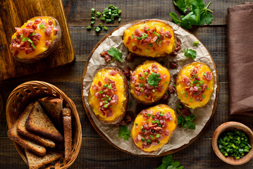 Baked stuffed potatoes with bacon, green onion and cheddar cheese