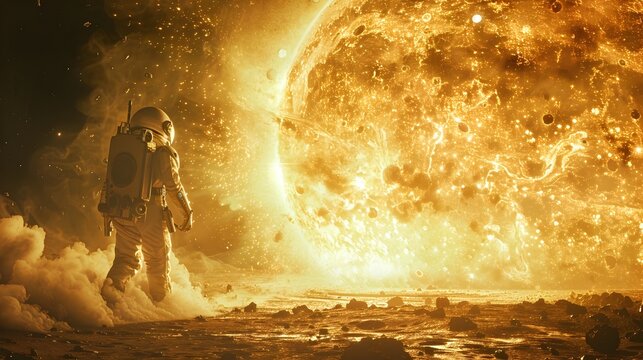 Astronaut Battles Swarm of Facehuggers on Desolate Lunar Surface Amidst Fiery Eruption