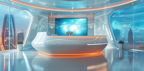 A futuristic reception desk, Future technology style live scene design, a small screen facing the camera placed on the front desk. Generative AI.
