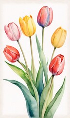 A painting of a bouquet of tulips with green stems