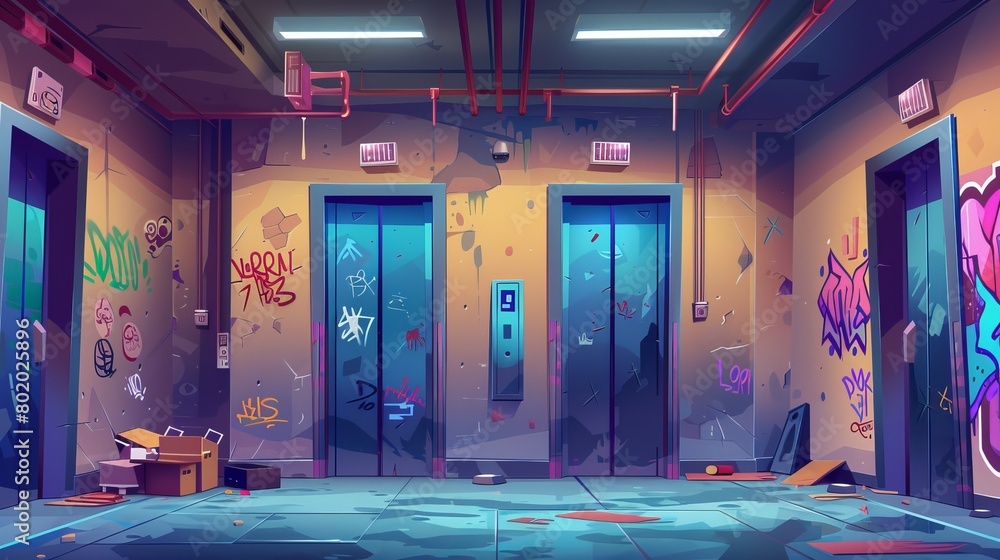 Poster clean hallway with open and closed elevator doors. modern cartoon illustration of an empty lobby int