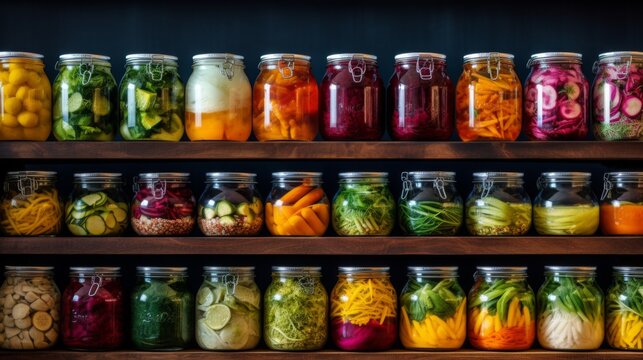 A vibrant collection of assorted fermented foods displayed in clear glass jars,&nbsp;featuring a colorful array of textures and hues from vegetables and fruits,&nbsp;symbolizing healthy probiotic rich cuisine