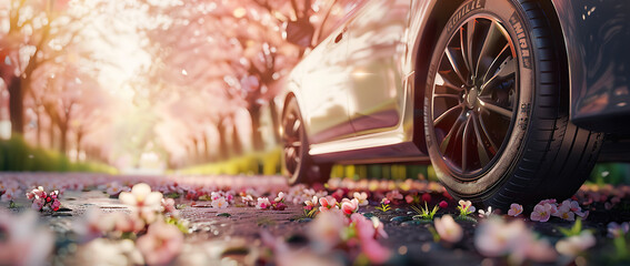 car tire placed on the grass, surrounded by blooming cherry blossoms and pink clover flowers under...
