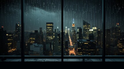 A rain soaked cityscape glistens through the window, offering a cinematic view of urban life seen through the prism of water - slicked glass. Concept of rainy urban enchantment