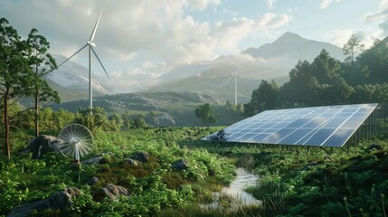 Solar energy panel photovoltaic cell and wind turbine farm power generator in nature landscape, Generative AI hyper realistic 