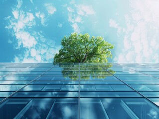 Sustainble green building. Eco-friendly building. Sustainable glass office building with tree for reducing carbon dioxide. Office with green environment. Corporate building reduce CO2. Safety glass. 